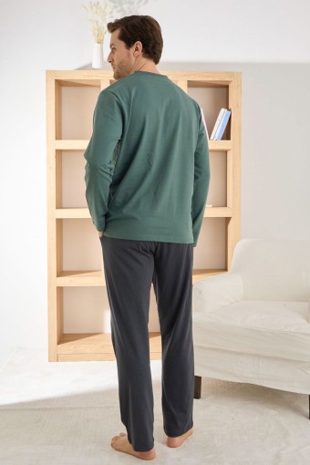 PİJAMAN - Pijaman Erkek Pijama Takımı Uzun Kollu Düğmeli Omuz Biyeli Pamuklu - Yeşil (1)