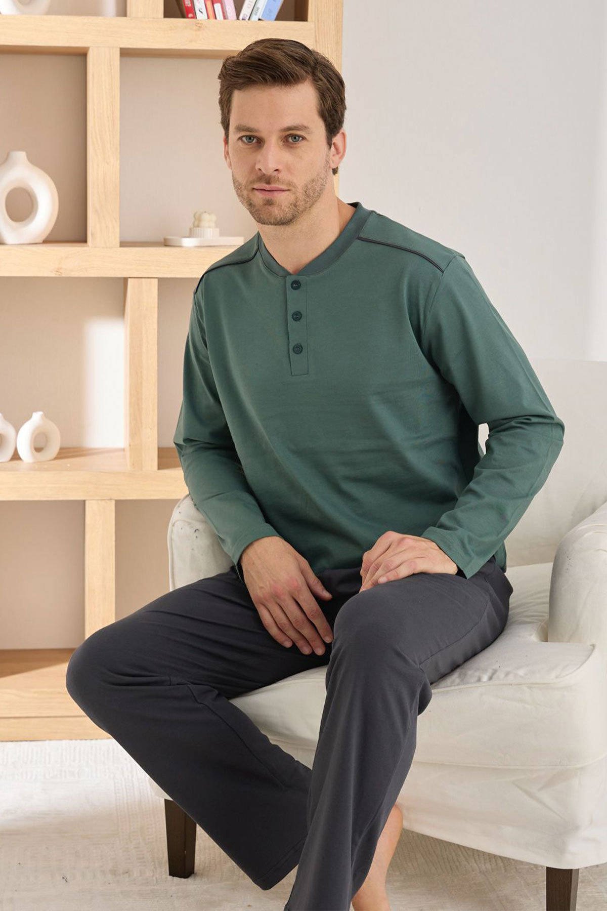 Pijaman Erkek Pijama Takımı Uzun Kollu Düğmeli Omuz Biyeli Pamuklu - Yeşil - Thumbnail