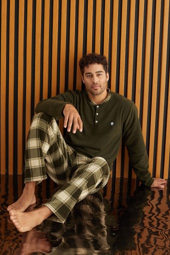 PİJAMAN - Pijaman Erkek Pijama Takımı Uzun Kollu Hakim Yaka Kareli Polar - Haki Yeşili