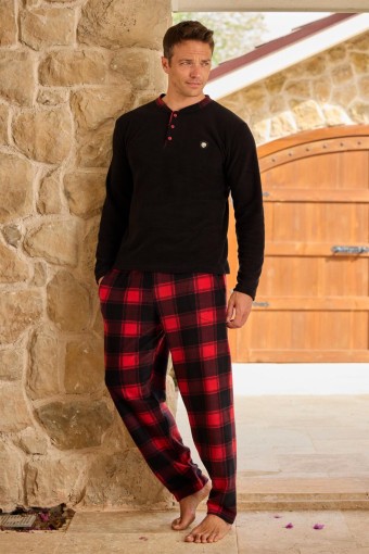 PİJAMAN - Pijaman Erkek Pijama Takımı Uzun Kollu Üç Düğme Polar Alt Ekose - Siyah