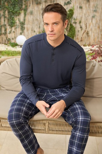 PİJAMAN - Pjm Erkek Pijama Takımı Uzun Kollu Üç Düğme Pamuklu - Lacivert