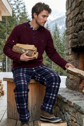 PİJAMAN - Pijaman Erkek Pijama Takımı Uzun Kollu Üç Düğme Polar Alt Ekose - Bordo