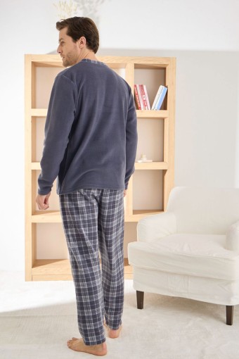 PİJAMAN - Pijaman Erkek Pijama Takımı Uzun Kollu Üç Düğme Polar Alt Ekose - Gri (1)