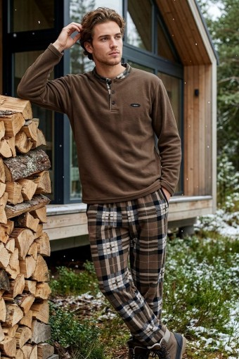 PİJAMAN - Pijaman Erkek Pijama Takımı Uzun Kollu Üç Düğme Polar Alt Ekose - Kahverengi