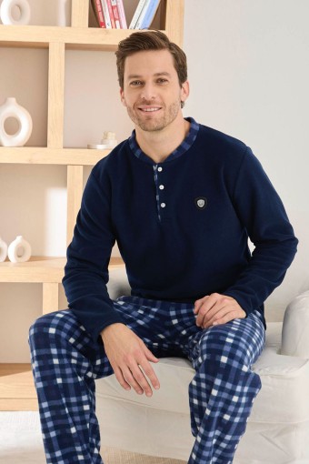 PİJAMAN - Pijaman Erkek Pijama Takımı Uzun Kollu Üç Düğme Polar Alt Ekose - Lacivert (1)