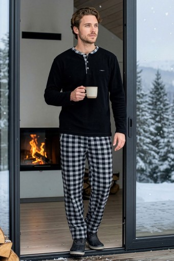 PİJAMAN - Pijaman Erkek Pijama Takımı Uzun Kollu Üç Düğme Polar Alt Ekose - Lacivert