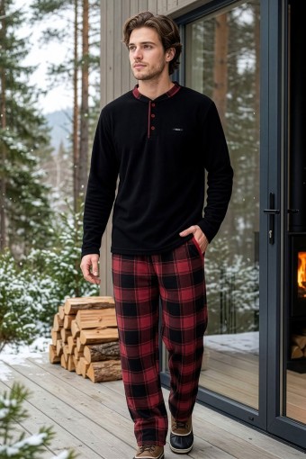 PİJAMAN - Pijaman Erkek Pijama Takımı Uzun Kollu Üç Düğme Polar Alt Ekose - Siyah