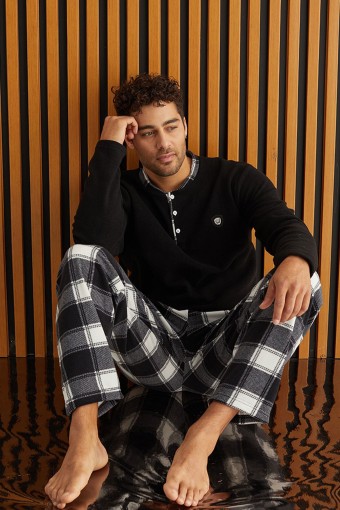 PİJAMAN - Pijaman Erkek Pijama Takımı Uzun Kollu Üç Düğme Polar Alt Ekose - Siyah