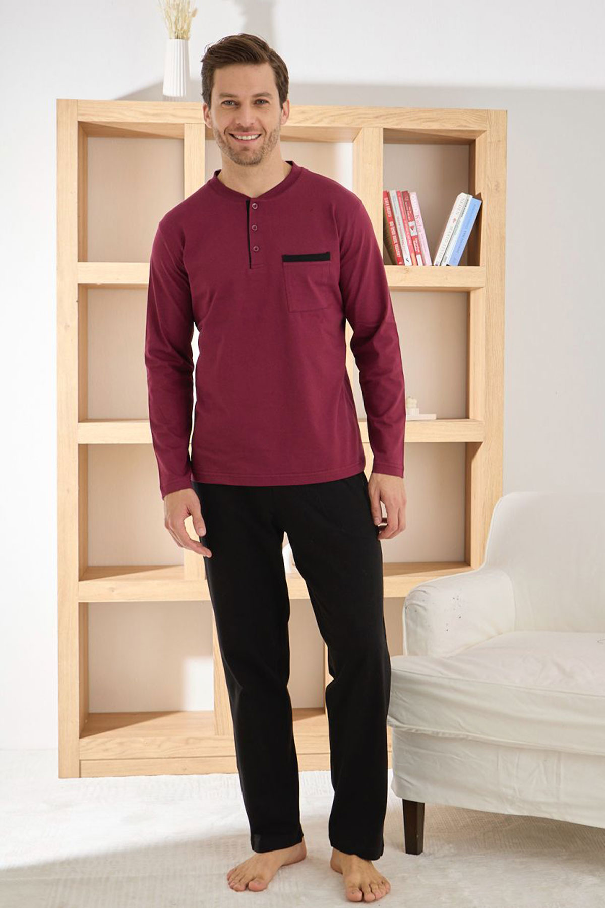 Pijaman Erkek Pijama Takımı Uzun Kollu Yaka Cepli Düğmeli Pamuklu - Bordo - Thumbnail