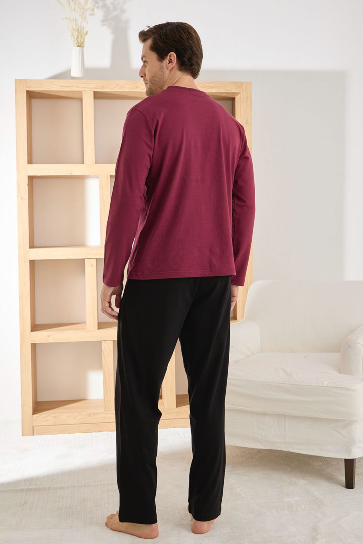 Pijaman Erkek Pijama Takımı Uzun Kollu Yaka Cepli Düğmeli Pamuklu - Bordo - Thumbnail