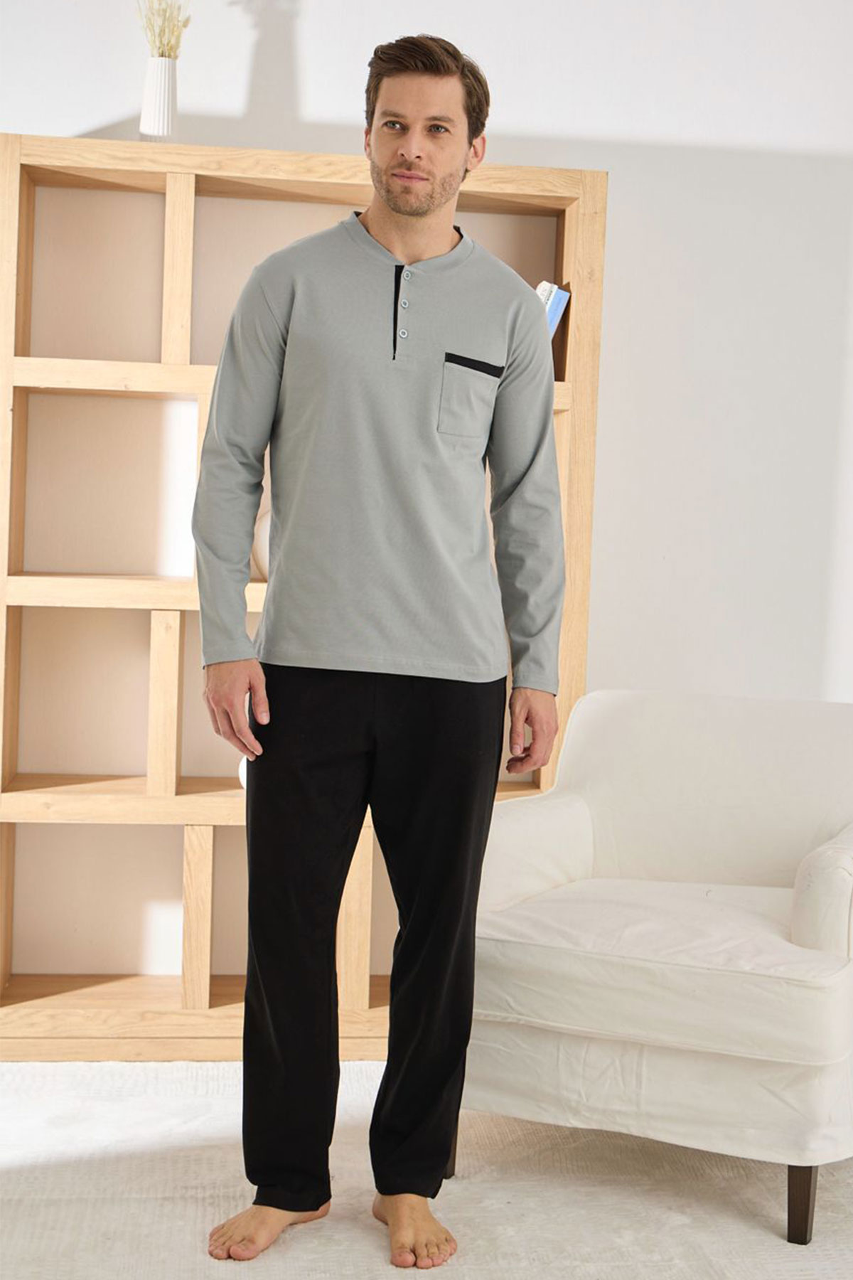 Pijaman Erkek Pijama Takımı Uzun Kollu Yaka Cepli Düğmeli Pamuklu - Gri - Thumbnail