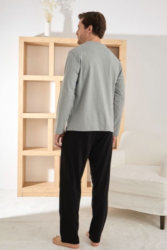 PİJAMAN - Pijaman Erkek Pijama Takımı Uzun Kollu Yaka Cepli Düğmeli Pamuklu - Gri (1)