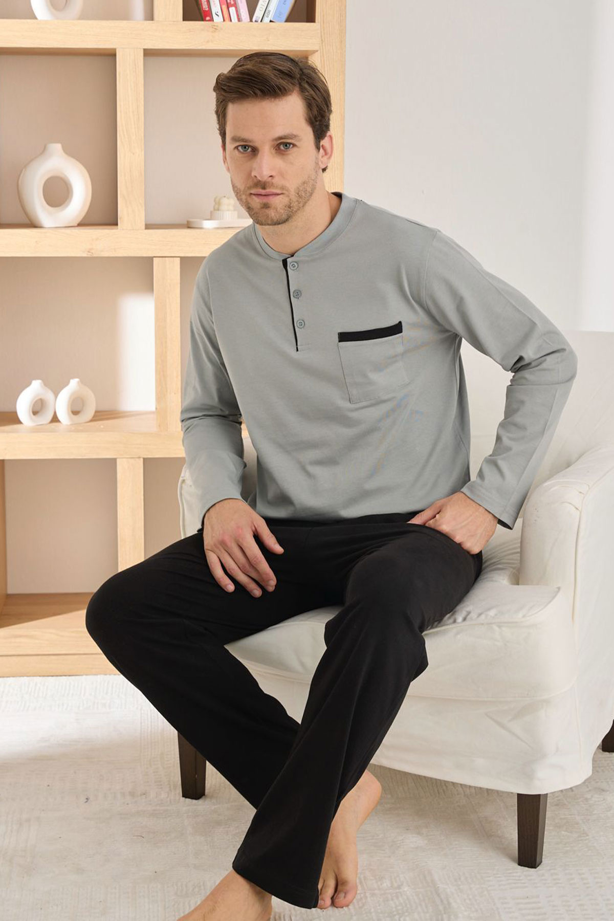 Pijaman Erkek Pijama Takımı Uzun Kollu Yaka Cepli Düğmeli Pamuklu - Gri - Thumbnail