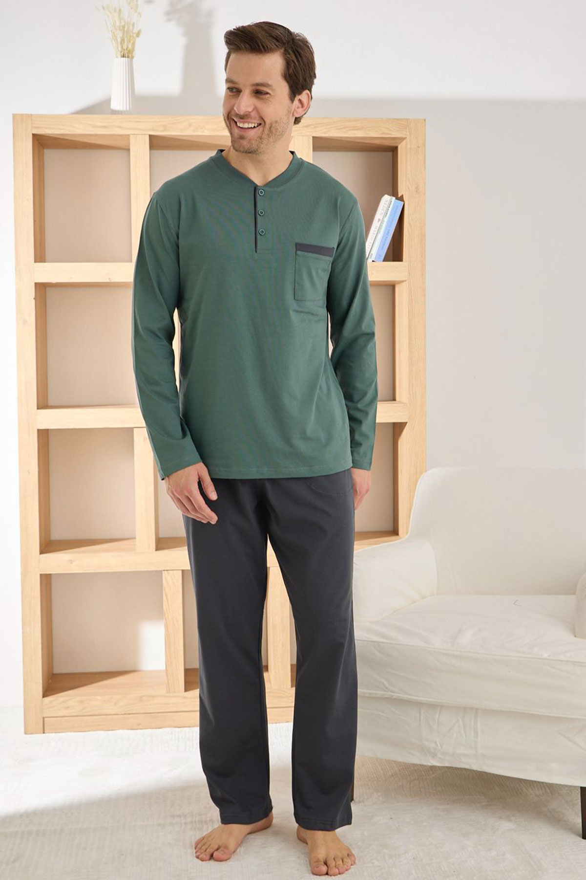 Pijaman Erkek Pijama Takımı Uzun Kollu Yaka Cepli Düğmeli Pamuklu - Yeşil - Thumbnail