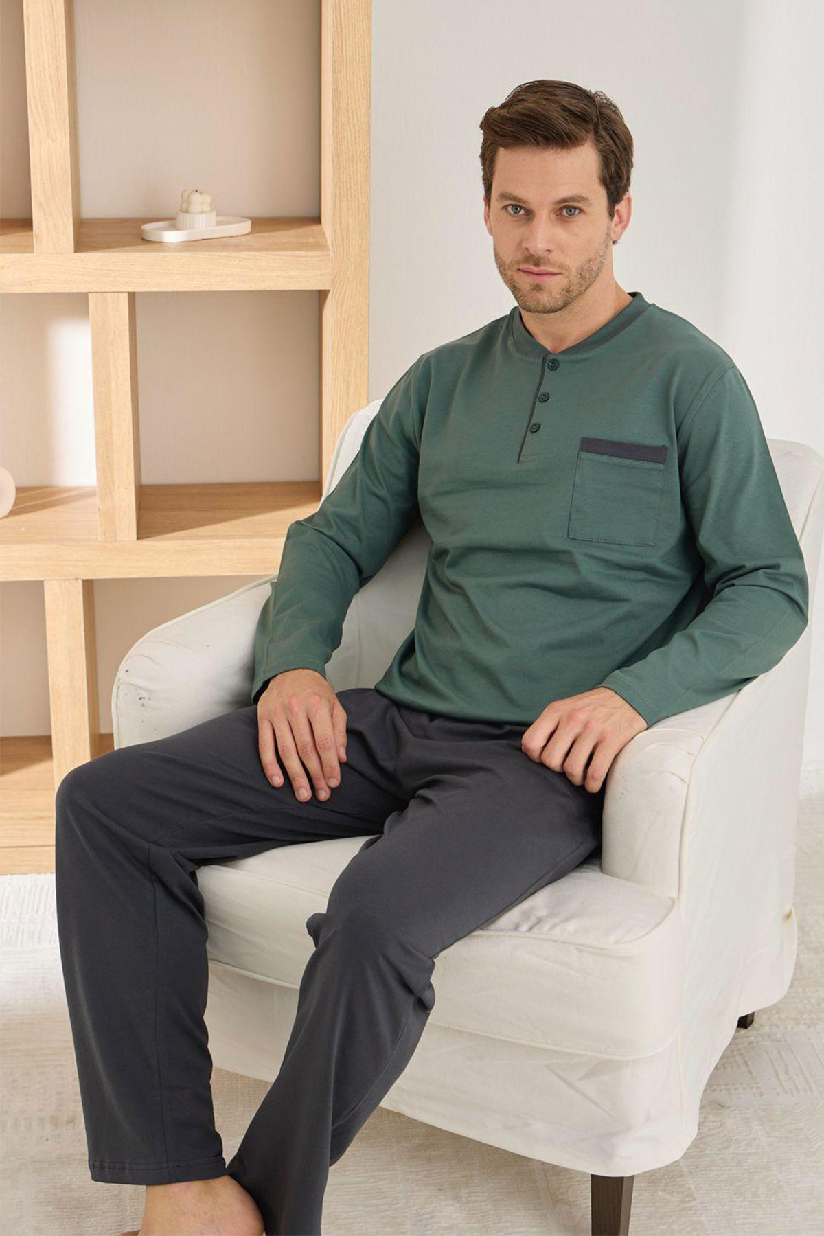 Pijaman Erkek Pijama Takımı Uzun Kollu Yaka Cepli Düğmeli Pamuklu - Yeşil - Thumbnail