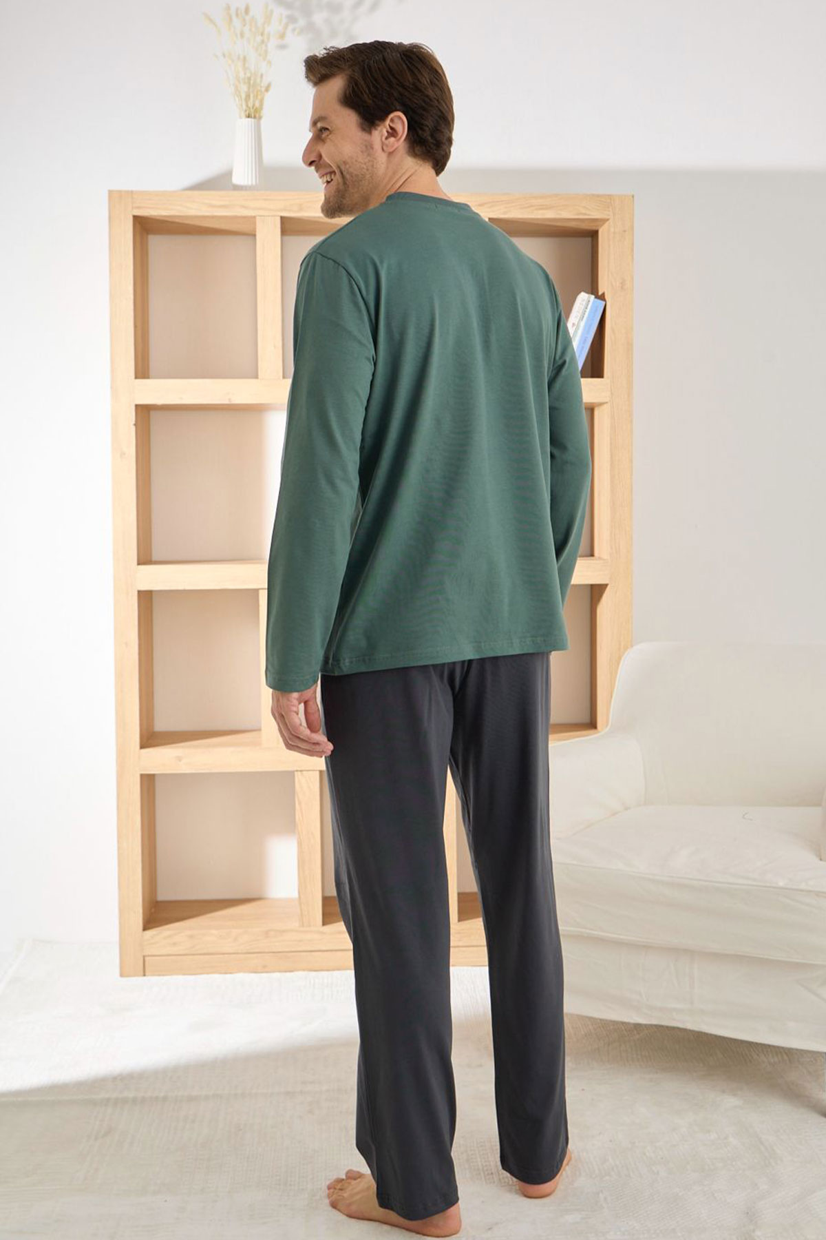 Pijaman Erkek Pijama Takımı Uzun Kollu Yaka Cepli Düğmeli Pamuklu - Yeşil - Thumbnail