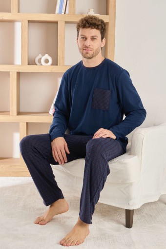 PİJAMAN - Pijaman Erkek Pijama Takımı Uzun Kollu Yaka Cepli Microsfot Alt Ekose Desenli - Lacivert