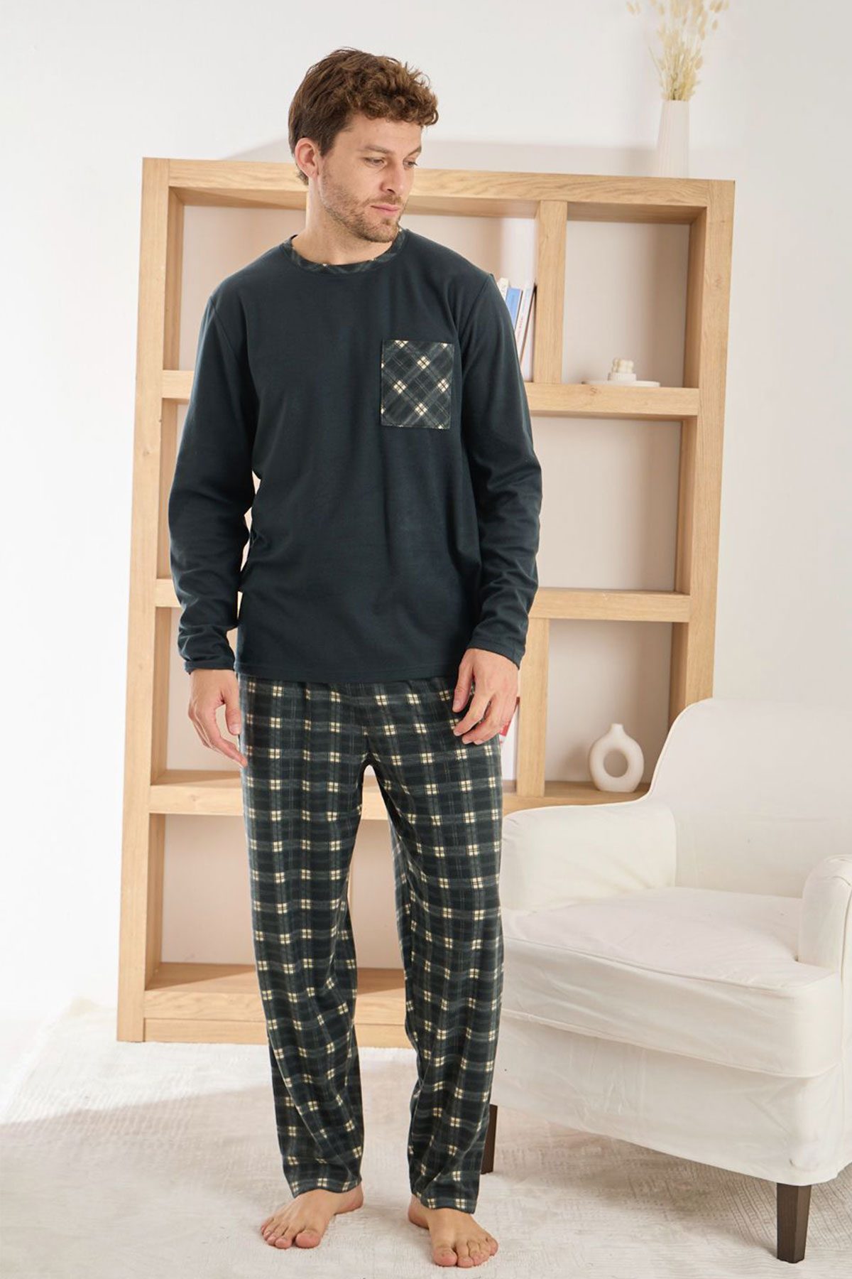 Pijaman Erkek Pijama Takımı Uzun Kollu Yaka Cepli Microsfot Alt Ekose Desenli - Petrol Yeşili - Thumbnail
