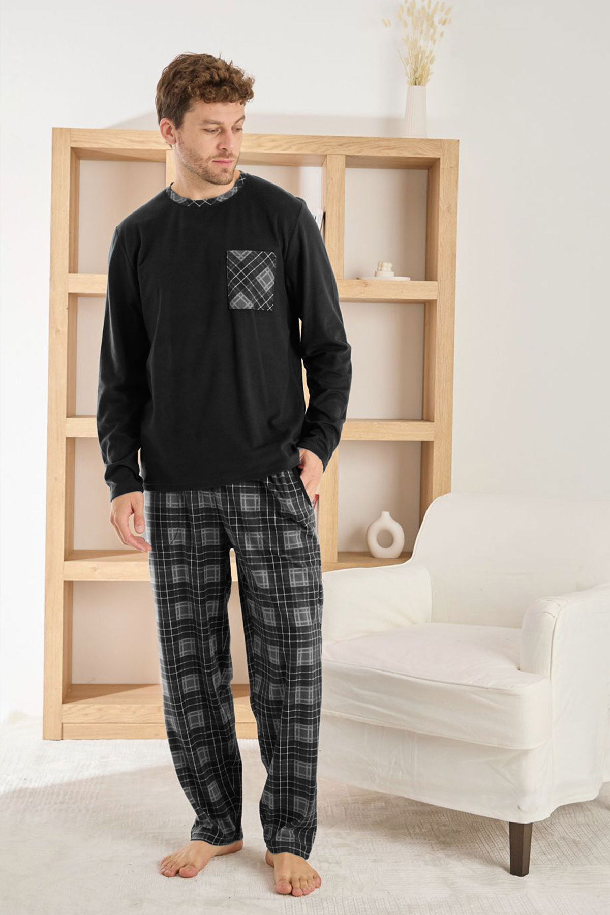 Pijaman Erkek Pijama Takımı Uzun Kollu Yaka Cepli Microsfot Alt Ekose Desenli - Siyah - Thumbnail
