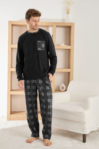 PİJAMAN - Pijaman Erkek Pijama Takımı Uzun Kollu Yaka Cepli Microsfot Alt Ekose Desenli - Siyah