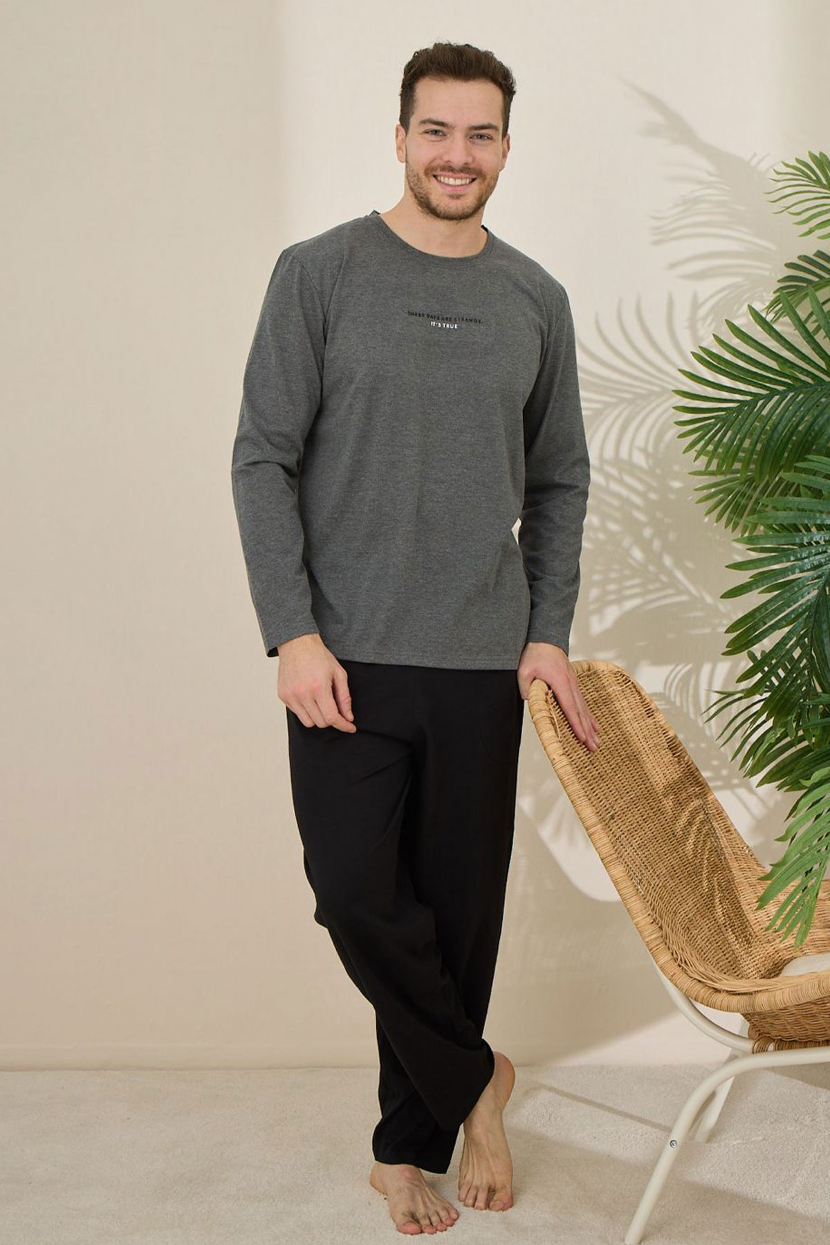 Pijaman Erkek Pijama Takımı Uzun Kollu Yazılı Bisiklet Yaka Pamuklu - Antrasit - Thumbnail