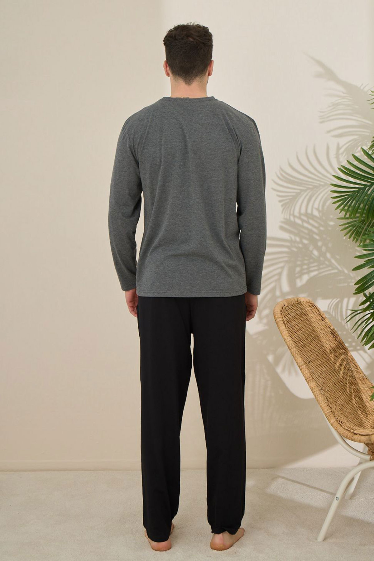 Pijaman Erkek Pijama Takımı Uzun Kollu Yazılı Bisiklet Yaka Pamuklu - Antrasit - Thumbnail