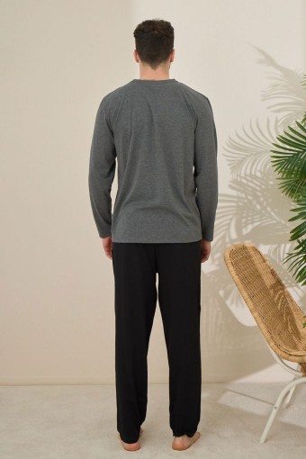 PİJAMAN - Pijaman Erkek Pijama Takımı Uzun Kollu Yazılı Bisiklet Yaka Pamuklu - Antrasit (1)