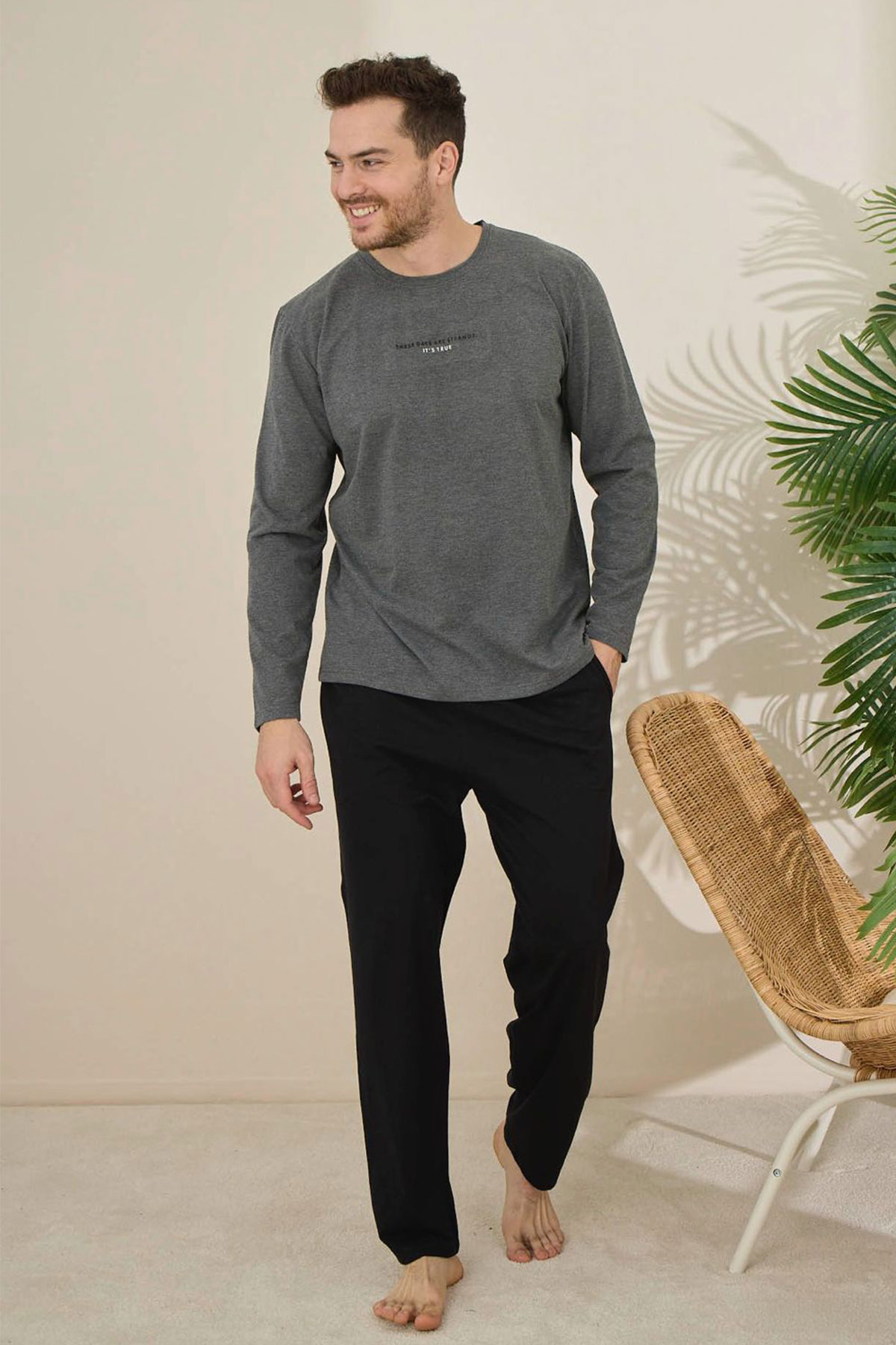 Pijaman Erkek Pijama Takımı Uzun Kollu Yazılı Bisiklet Yaka Pamuklu - Antrasit - Thumbnail