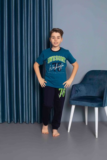 PİJAMAX - Pijamax Erkek Çocuk Pijama Takımı Kısa Kollu Baskılı - Petrol Yeşili