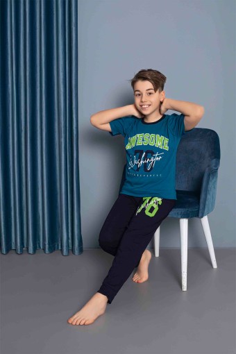 PİJAMAX - Pijamax Erkek Çocuk Pijama Takımı Kısa Kollu Baskılı - Petrol Yeşili (1)