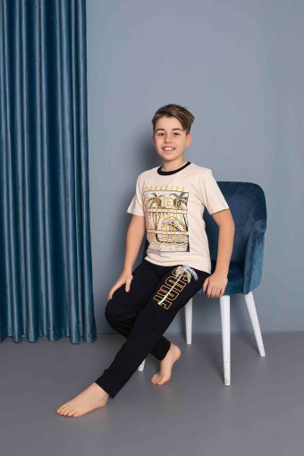 PİJAMAX - Pijamax Erkek Çocuk Pijama Takımı Kısa Kollu Surf Baskılı - Krem