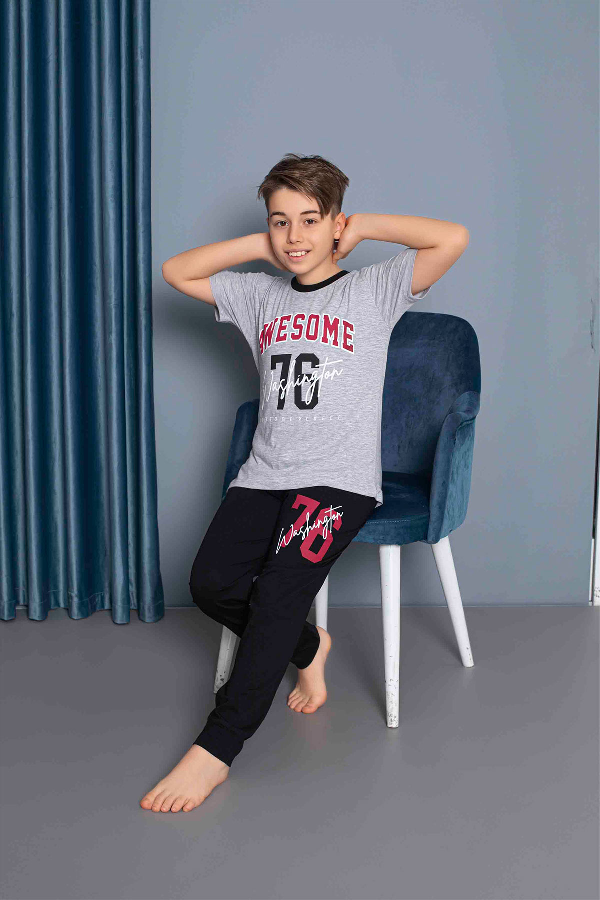 Pijamax Erkek Garson Pijama Takımı Kısa Kollu Baskılı - Gri - Thumbnail