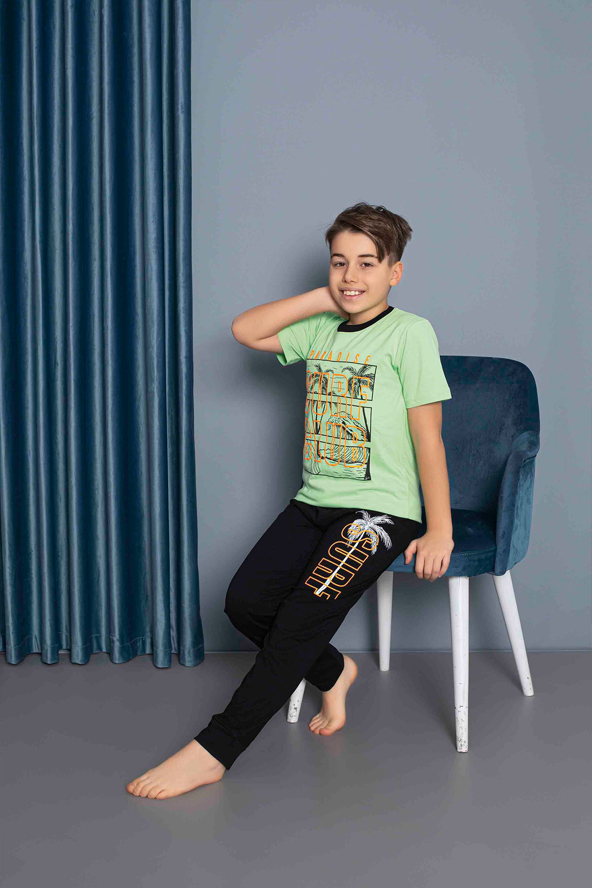 Pijamax Erkek Garson Pijama Takımı Kısa Kollu Surf Baskılı - Yeşil - Thumbnail