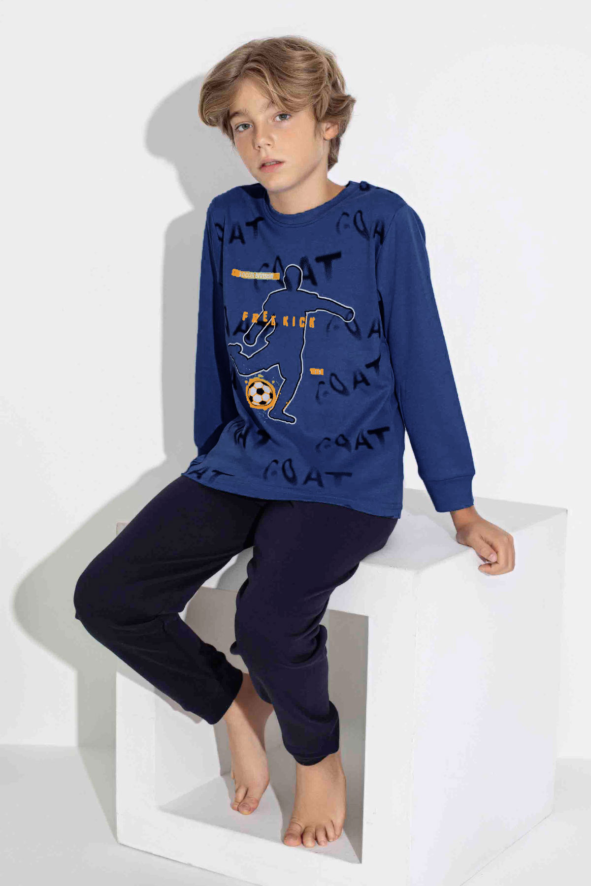 Pijamax Erkek Garson Pijama Takımı Uzun Kollu Futbol Baskılı İnterlok Paça Manşetli - Lacivert - Thumbnail