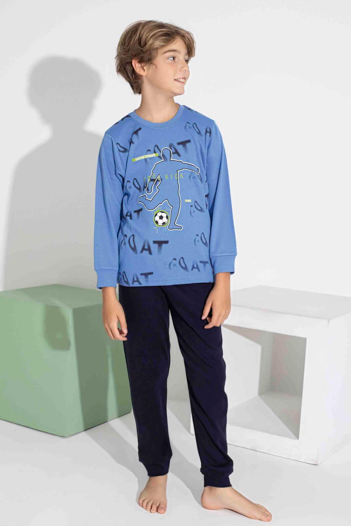Pijamax Erkek Garson Pijama Takımı Uzun Kollu Futbol Baskılı İnterlok Paça Manşetli - Lacivert - Thumbnail