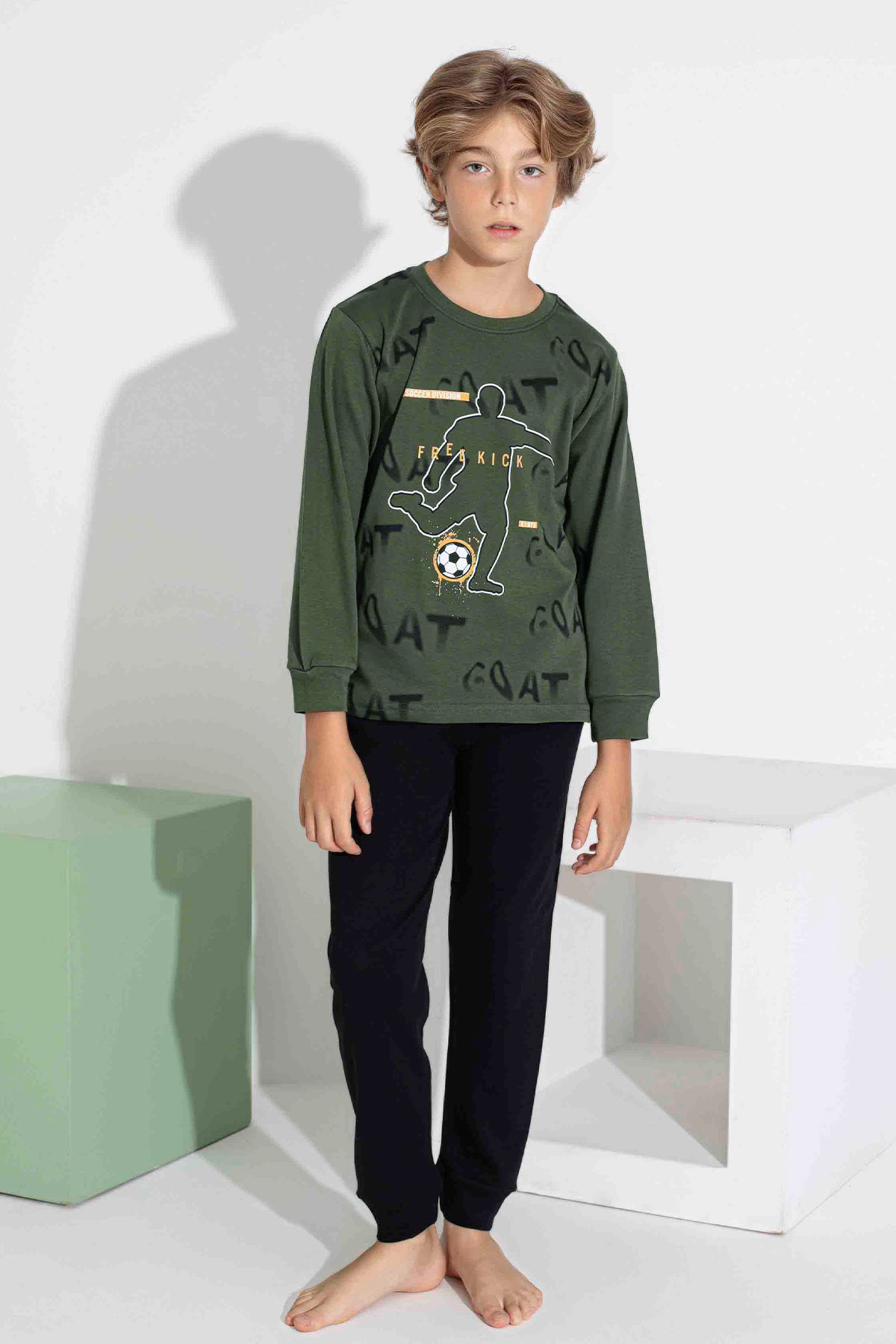 Pijamax Erkek Garson Pijama Takımı Uzun Kollu Futbol Baskılı İnterlok Paça Manşetli - Yeşil - Thumbnail