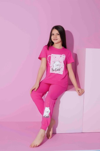 PİJAMAX - Pijamax Kız Çocuk Pijama Takımı Kısa Kollu Kedi Baskılı - Koyu Pembe