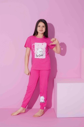 PIJAMAX - Pijamax Kız Çocuk Pijama Takımı Kısa Kollu Kedi Baskılı - Koyu Pembe (1)