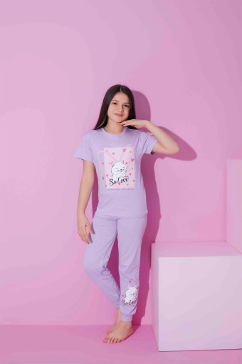 PİJAMAX - Pijamax Kız Çocuk Pijama Takımı Kısa Kollu Kedi Baskılı - Lila