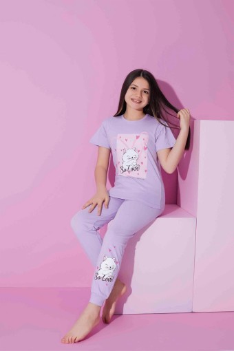 PIJAMAX - Pijamax Kız Çocuk Pijama Takımı Kısa Kollu Kedi Baskılı - Lila (1)
