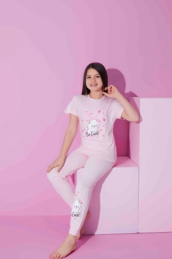 PİJAMAX - Pijamax Kız Çocuk Pijama Takımı Kısa Kollu Kedi Baskılı - Pembe