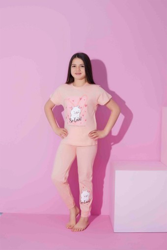 PIJAMAX - Pijamax Kız Çocuk Pijama Takımı Kısa Kollu Kedi Baskılı - Somon (1)
