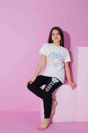 PİJAMAX - Pijamax Kız Çocuk Pijama Takımı Kısa Kollu Koala Baskılı - Krem