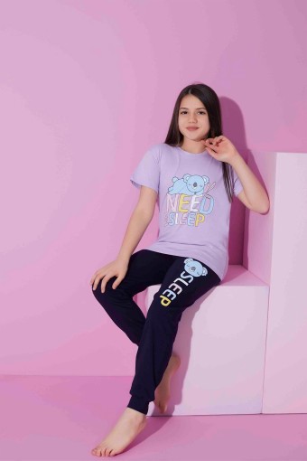 PİJAMAX - Pijamax Kız Çocuk Pijama Takımı Kısa Kollu Koala Baskılı - Lila
