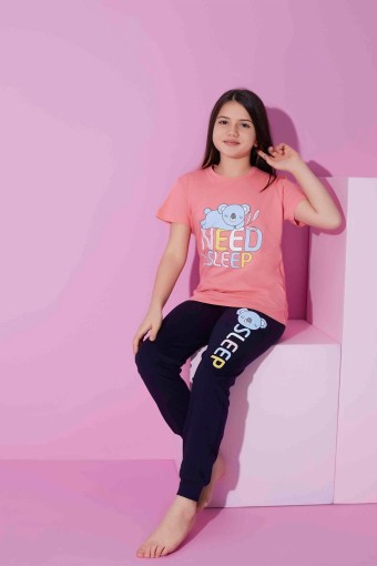 PİJAMAX - Pijamax Kız Çocuk Pijama Takımı Kısa Kollu Koala Baskılı - Somon