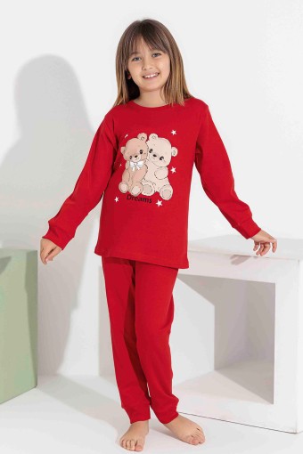 PİJAMAX - Pijamax Kız Çocuk Pijama Takımı Uzun Kollu Ayıcık Baskılı İnterlok Paça Manşetli - Kırmızı