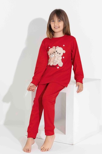 PİJAMAX - Pijamax Kız Çocuk Pijama Takımı Uzun Kollu Ayıcık Baskılı İnterlok Paça Manşetli - Kırmızı (1)