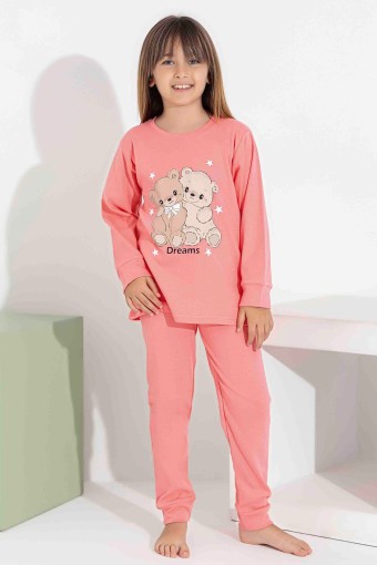 PİJAMAX - Pijamax Kız Çocuk Pijama Takımı Uzun Kollu Ayıcık Baskılı İnterlok Paça Manşetli - Narçiçeği