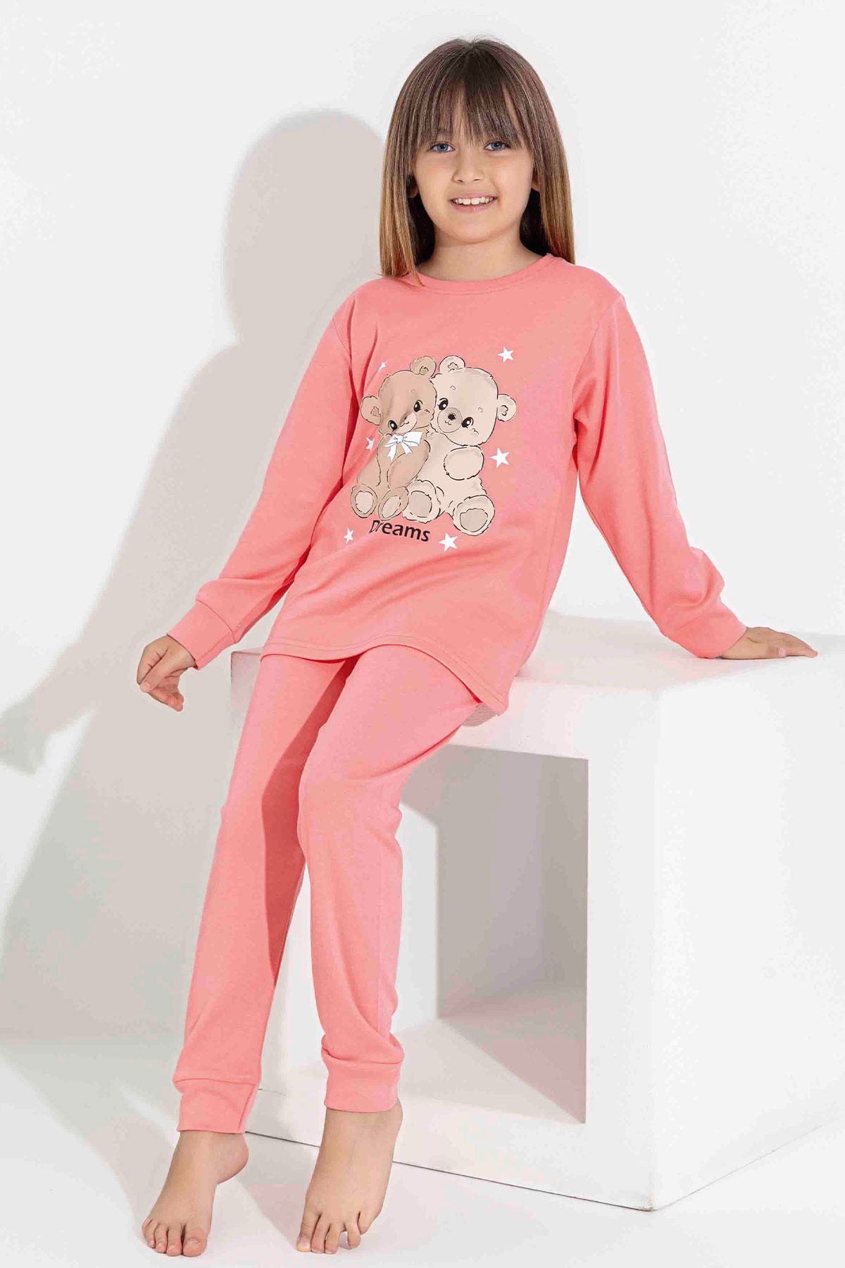 Pijamax Kız Çocuk Pijama Takımı Uzun Kollu Ayıcık Baskılı İnterlok Paça Manşetli - Narçiçeği - Thumbnail