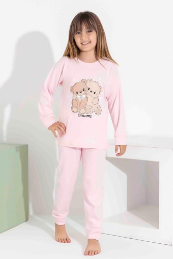 PİJAMAX - Pijamax Kız Çocuk Pijama Takımı Uzun Kollu Ayıcık Baskılı İnterlok Paça Manşetli - Pembe